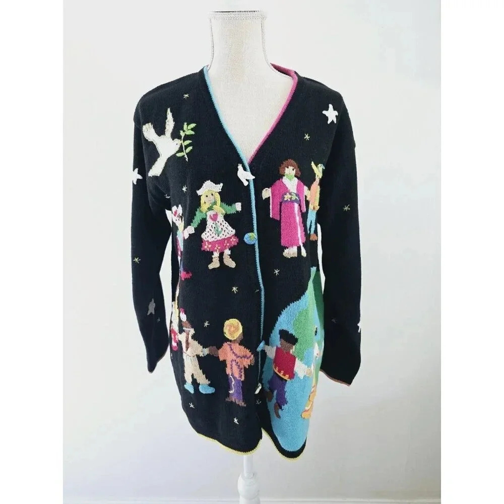 Storybook Knits Kids Children Around The World Peace On Earth Cardigan Sweater M